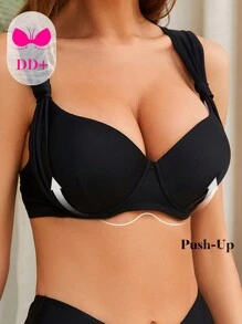 SHEIN Swim 夏季 DD+ 黑色聚拢可调节宽带钢圈泳衣上衣 - 黑色 - 查看 1