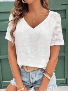SHEIN Frenchy Blusa de cuello en V con manga raglán de contraste para vacaciones de verano