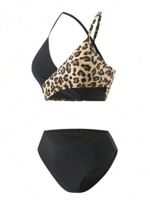 SHEIN Swim Conjunto de bikini sexy con estampado de leopardo y cruzado en el frente para mujer, traje de baño para verano en la playa - Multicolor - Ver 4