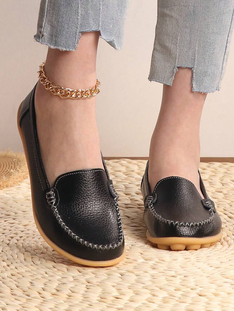 2024 女士加大码皮革一脚蹬鞋，松紧开口软底乐福鞋，低帮护士休闲平底鞋，圆头防滑 - 黑色 - 查看 1