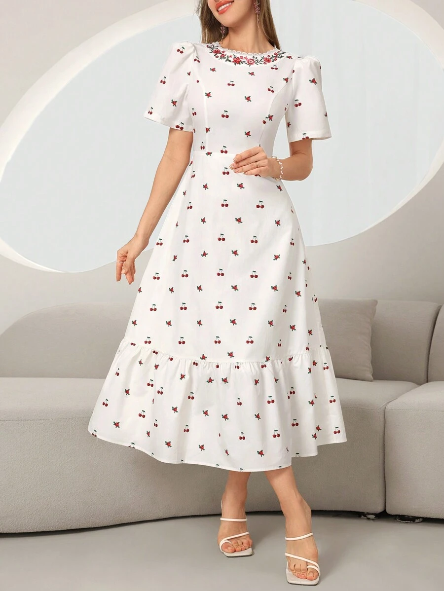 Modelyn Vestido de corte con diseño de cereza y flores pequeñas con dobladillo de volantes en la parte trasera para el verano - Blanco - Ver 1