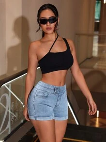 SHEIN ICON 女式休閒雙扣丹寧短褲，帶捲邊口袋