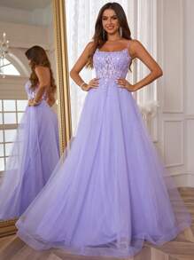 细肩带蕾丝舞会礼服，带蝴蝶刺绣，长款 A 字形闪亮贴花，青少年返校节礼服，网眼正式晚礼服，带骨派对舞会礼服，女士系带后背优雅婚礼宾客礼服，适合毕业典礼、晚宴