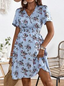 SHEIN Maternity Floral Print V Neck Dress - Blue - View 3