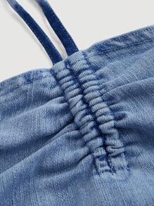 SHEIN MOD 女士深V領丹寧短上衣，藍色，彈性布料 - 中等水洗藍 - 查看 3