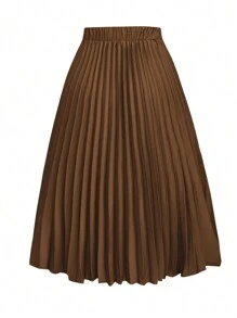 SHEIN Clasi Plus Solid Pleated Skirt For Summer Fall - Khaki - View 2