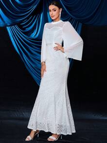 Floral Lace Bell Sleeve Chiffon Mermaid Wedding Dress, White Elegant Long Sleeve Bridal Gown - White - View 7