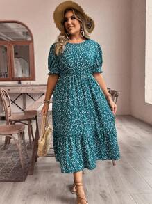 SHEIN VCAY Plus Size Boho Vacation Leisure Puff Sleeve Ditsy Floral Long Dress With Cinched Waist, For Summer,Beach Dress Sundress,Holiday Outfits