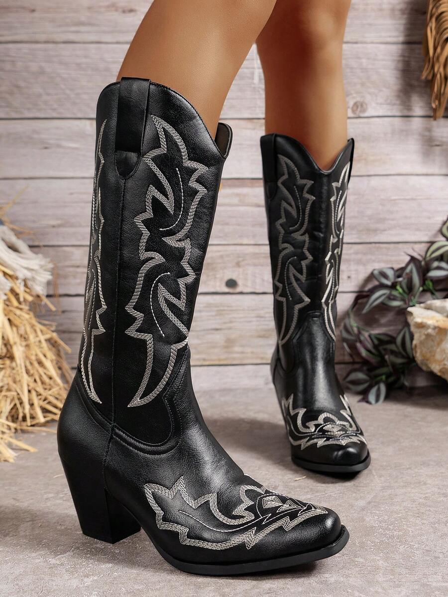 2024年秋冬新款女款黑色尖頭西靴，粗跟，刺繡細節，中筒，戶外流行，牛仔靴 - 黑色 - 查看 1