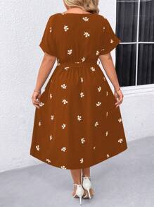SHEIN LUNE Plus Floral Print Batwing Sleeve Belted Dress - Coffee Brown - View 2