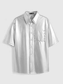 AXEPEAK Camisa casual de manga corta de unicolor para hombre con cuello de solapa y botones delanteros - Plateado - Ver 1