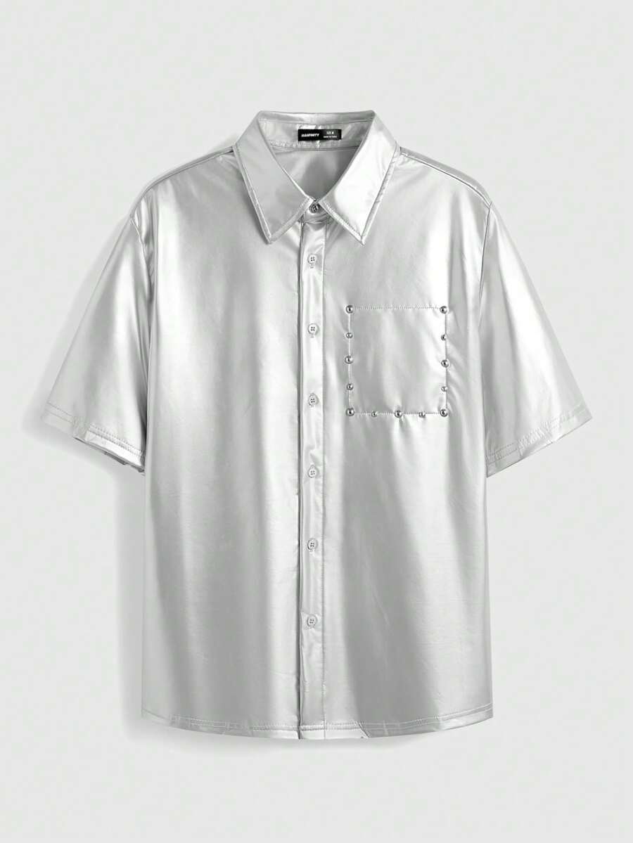 AXEPEAK Camisa casual de manga corta de unicolor para hombre con cuello de solapa y botones delanteros - Plateado - Ver 1