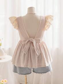Soleia Casual Resort Beige Backless Knotted Small Cap Sleeves Plus Size Top - Apricot - View 2
