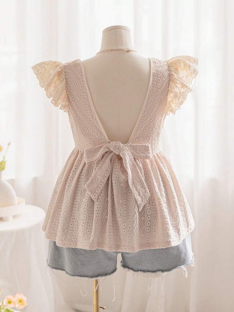 Casual Resort Beige Backless Knotted Small Cap Sleeves Plus Size Top