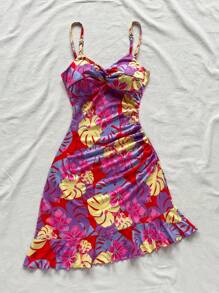 Soleia Vestido corto ajustado asimétrico con dobladillo de volantes y estampado tropical azul para mujeres con patrón floral rojo, perfecto para vacaciones y verano - Multicolor - Ver 3