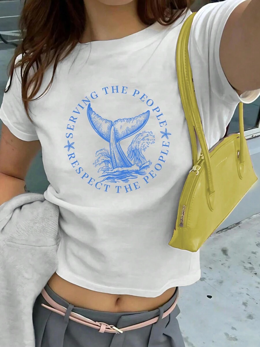 SHEIN EZwear Letter Graphic Crop Tee SERVING THE PEOPLE RESPECT THE PEOPLE - White - View 1