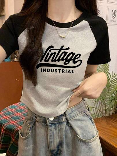 女性夏季短袖時尚對比色修身T恤