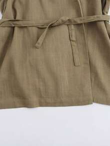 Solid Color Belted Kimono Style Lightweight Jacket, Long Sleeve - Khaki - View 4