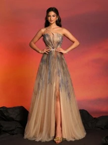 Asymmetrical Neck A-Line Floor-Length Floral Tulle Evening Dress With High Slit, Gown Elegant Formal Prom Wedding Guest Dress, For Graduation, Dinner Party Dress - Apricot - View 2