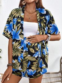 SHEIN 孕妇夏季度假热带印花和服和短裤 - 彩色 - 查看 6