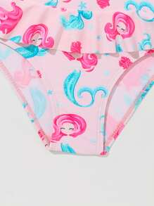 Young Girl Cartoon Printed Tankini Set Summer Beach - Pink - View 3