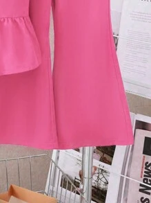 Girls' Solid Color Lace-Edge Vest And Flared Pants Set, Sleeveless - Hot Pink - View 3
