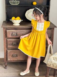 SHEIN Young Girl Yellow Lace Dress With Country Style - Yellow - View 6