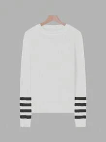 SHEIN LUNE Round Neck Casual Long Sleeve Pullover Sweater With Striped & Printed Design, Black And White - White - View 1