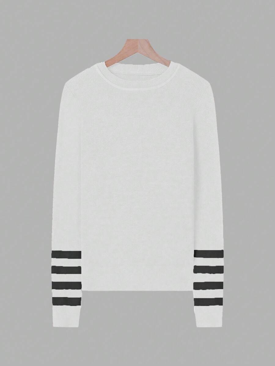 SHEIN LUNE Round Neck Casual Long Sleeve Pullover Sweater With Striped & Printed Design, Black And White - White - View 1