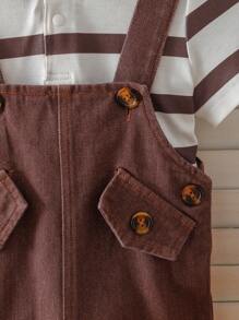 Polo Collar Striped Short Sleeve T-Shirt And Overall Shorts Retro American Country Style Fashionable Outfit For Baby Boys
