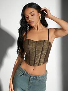 Hauture Glitter Mesh Ruched Corset Cami Strap Top - Brown - View 5