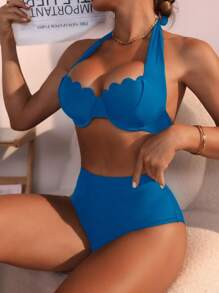 SHEIN Swim 女性純色綁頸性感比基尼套裝，具有曲線修剪，適合夏季沙灘 - 藍色 - 查看 4