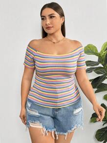 SHEIN Essnce Plus-Size Women's Date Tops, Rainbow Striped T-Shirts, Off-The-Shoulder Tops, Cute Summer Dresses,Summer Women Dresses Casual Summer Dress Summer Tops,Teacher Clothes Teacher T Shirt  Fall Women Clothes
