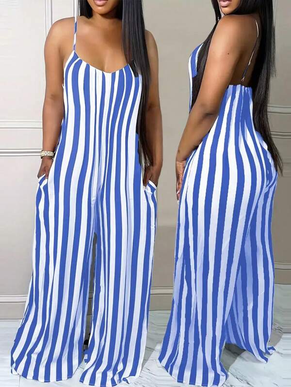 Zolique Mono casual de mujer con rayas impresas y tirantes con bolsillos