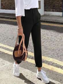 Apperloth A Solid High Waist Seam Detail Slant Pocket Casual Carrot Dress Pants Dressy Tailored Crop Ankle Trousers,Ladies Spring/Fall Elegant Button,Pocket,Zipper High Waist Harem/Genie Long Black Regular Fit Women Pants,Casual Daily Wear