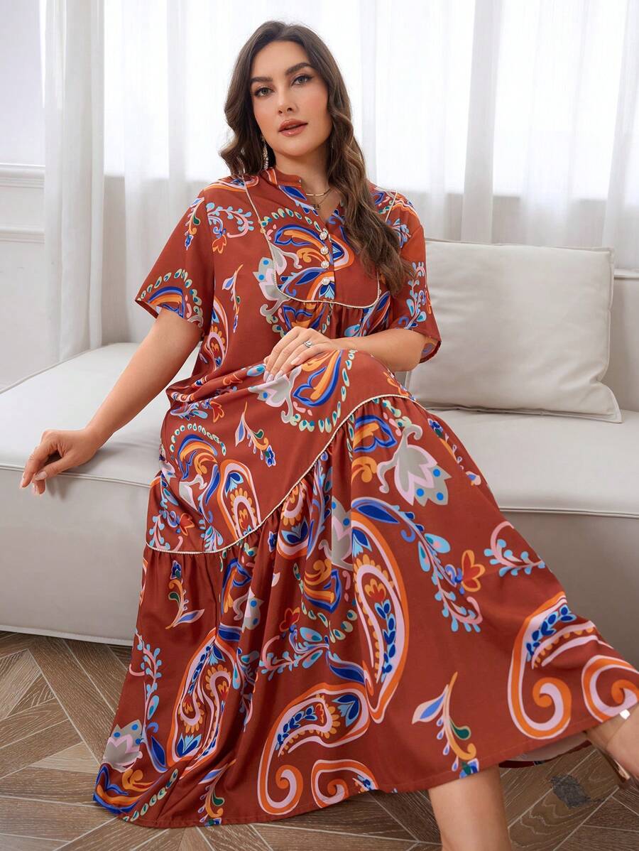 Al Najma Plus Paisley Print Ruffle Hem Smock Dress For Summer Vacation - Multicolor - View 1