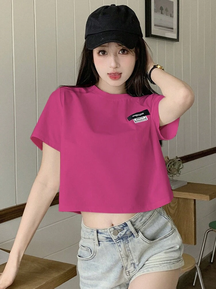 Women's Summer Short Sleeve Short Length T-Shirt With Letter Print Round Neck,Crop Tops Women Preppy Tops