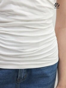 BizChic Regata feminina casual plissada de verão com decote em V em cor sólida - Branco - Visão 7