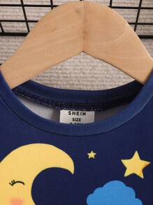 Conjunto de pijama de manga larga para bebé niño, 2 piezas ajustadas y cómodas con patrón de elefante y luna tejido y piel suave al tacto - Azul - Ver 6