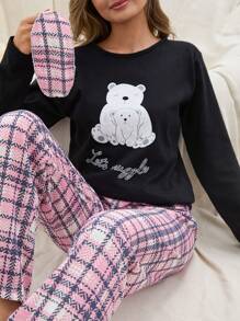 RueChic Hoạt hình & In Khẩu hiệu Tay áo dài Áo thun Và Checkered Quần Bộ đồ ngủ ( Không có Mặt nạ mắt ) - màu đen - Xem 1