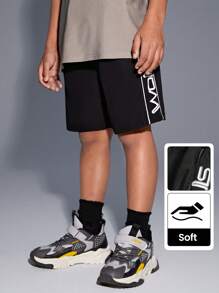 SHEIN Tween Boy Woven Color Blocking Reflective Drawstring Shorts With Letter Print - Black - View 1