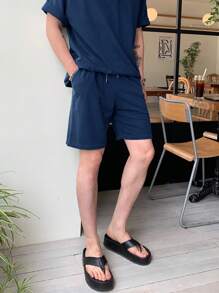 DAZY 男士纯色圆领短袖休闲T恤和短裤套装，夏季舒适服装 - 藏蓝色 - 查看 4