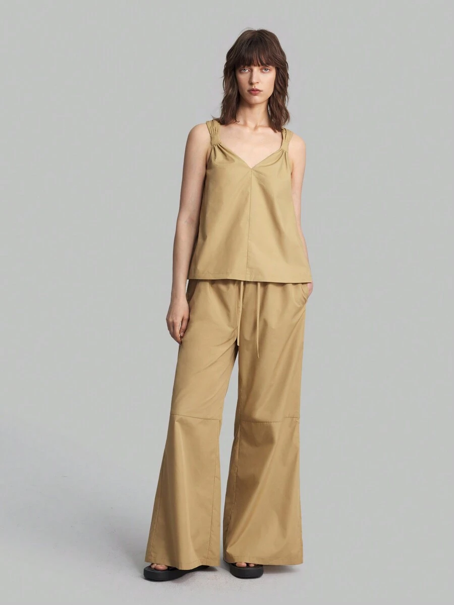 Ontre 2 Chiếc Phụ Nữ Mùa Hè Chắc Chắn Dáng Rộng Kết Hợp Bộ Công Sở Phù Hợp Với Quần Áo Công Sở Cotton - Màu Khaki - Xem 1