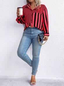 SHEIN LUNE Áo sơ mi trễ vai in sọc Plus - Đỏ - Xem 3