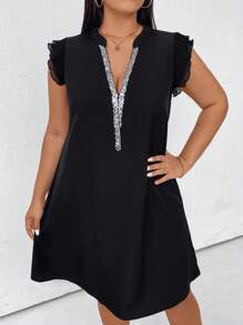 SHEIN LUNE Plus Contrast Sequin Notched Neckline Ruffle Trim Dress, For Summer - Black - View 6