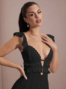 SHEIN BAE Summer White Sexy Hollow Crochet Textured Flutter Sleeve Backless Tie-Up Elegant Dress - Black - View 5