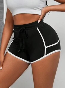 Maweii Plus Contrast Binding Drawstring Waist Shorts For Summer - Black - View 3