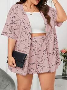 SHEIN Essnce Áo khoác kimono & quần short họa tiết Plus figure cho mùa hè - Hồng - Xem 5