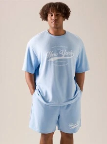 Manfinity VCAY 2pcs Men's Plus Size Light Blue And White Summer Casual Vacation Loose Fit Drop Shoulder Short Sleeve T-Shirt And Waist Drawstring Shorts Set - Blue - View 6