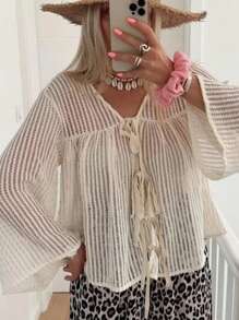 SHEIN Essnce Summer Women's Beige Crochet Hollow-Out Long Sleeve Top Summer Top Tie Front